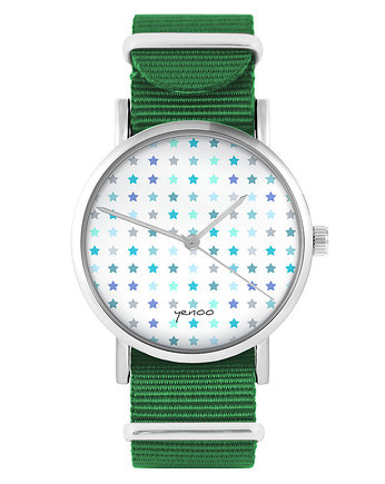 Zegarek - Blue stars - zielony, nylonowy, OSOBY - Prezent dla teścia