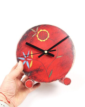 Zegar drewniany  biurkowy Czerwony folkowy, Clock Wood Studio