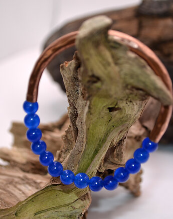 Bransoletka miedziana handmade z koralikami: błękitny kwarc, FutharkCopper