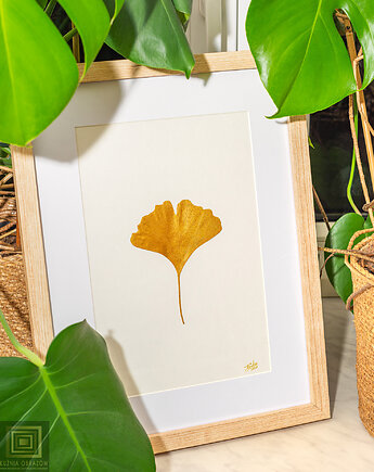 Dekoracja Botaniczna. Złoty Liść Miłorząb 30x40cm. Naturalny Dekor Ścienny, Kuźnia Obrazów
