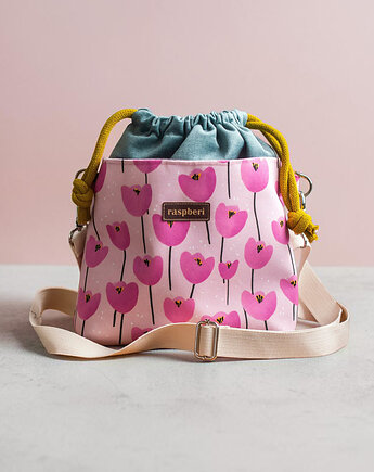 Zielona listonoszka z kominem z weluru w różowe tulipany handmade, unikat, raspberi