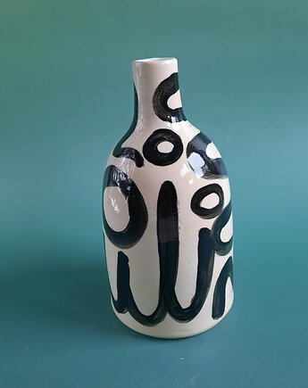 Wazon butelka czarno białe esy floresy ręcznie malowana, Ceramika Wydry