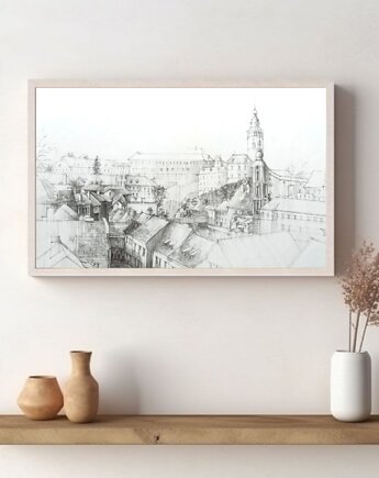 WYPRZEDAŻ RYSUNKÓW! Rysunek Panorama Bratysławy 42x51 cm ołówek, Kwitnace