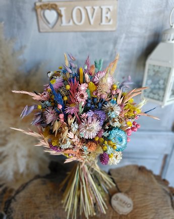 Kolorowy bukiet ślubny z suszonych kwiatów, traw i zbóż, BohoSuszki