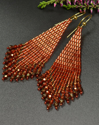 Cuvanna, czerwono-złote "indiańskie" kolczyki, beading, Sol