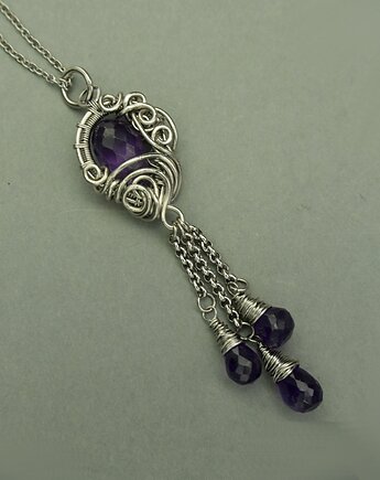 Długi wisiorek ametyst wire wrapping, Agata Rozanska