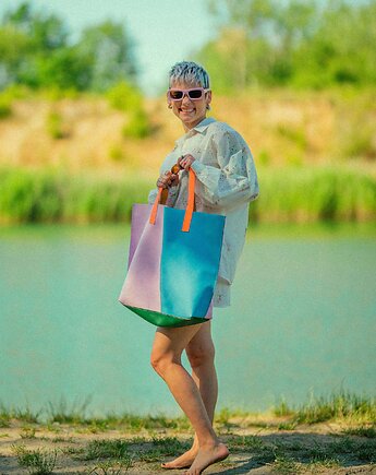 Duża torba skórzana , kolorowa- pastelowa, torba na ramię, NavahoClothing