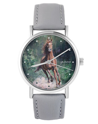 Zegarek - Koń las - skóra, szary