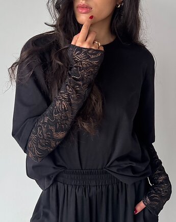 T-shirt  bawełniany z koronkowym rękawem CZARNY, elevenstory