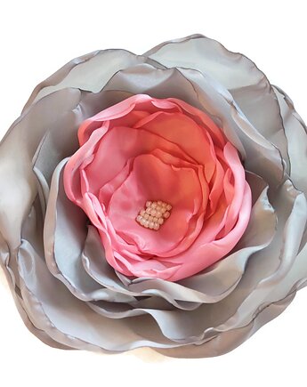 Duża broszka jasna pudrowy róż z szarym 12cm kwiat kwiatek, Made by Joan