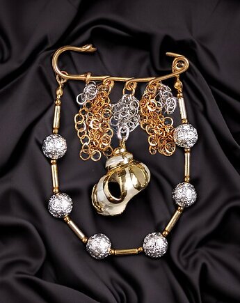 PREMIUM : broszka srebrno-złota z muszlą : efektowna, okazała, kaktusia