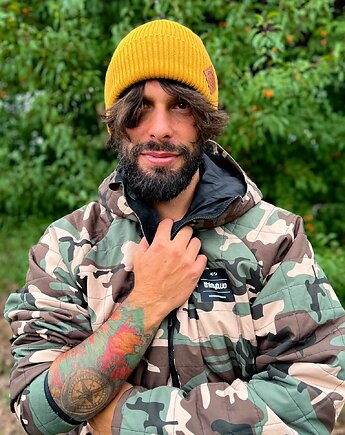 Męska bawełniana czapka beanie logo ekoskórka Miodowa musztarda, Brain Inside