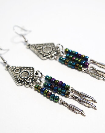 Kolczyki wiszące - Boho piórka, koraliki, yenoo