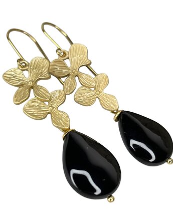 Kwiatowe kolczyki pozłacane z kroplą onyksu, Artseko