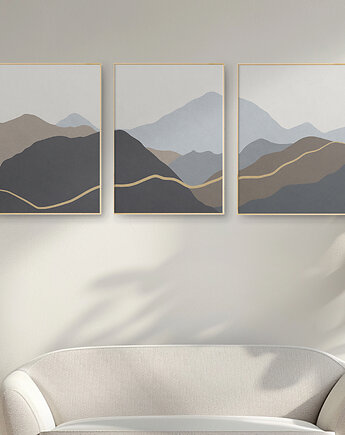 Abstrakcyjne, minimalistyczne plakaty z wizerunkiem gór, zestaw/tryptyk., Grawisfera
