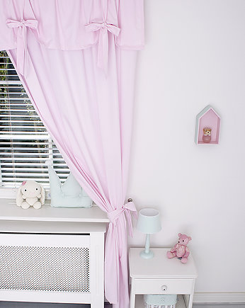 Zasłony pudrowy róż z falbaną i kokardami, Roomee Decor