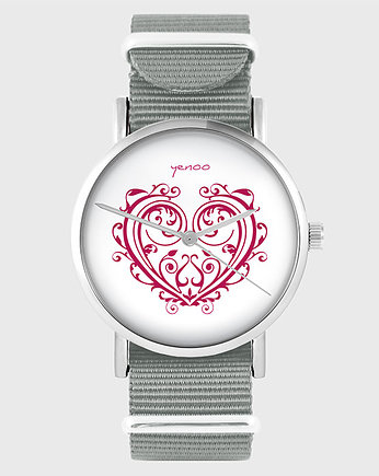 Zegarek - Serce ornamentowe - szary, nato, yenoo