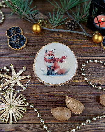 Brzozowa podkładka pod kubek, świąteczna zawieszka - lisek, Manufa