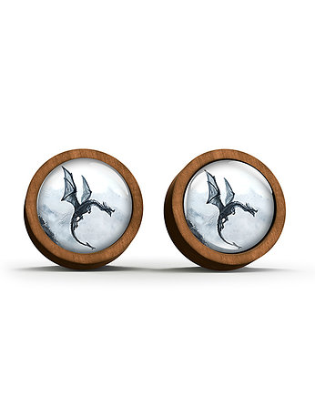 Kolczyki drewniane - Czarny smok - sztyfty, yenoo
