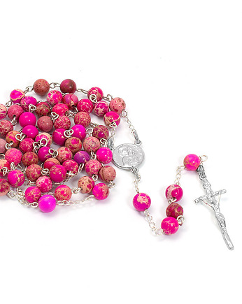 Ręcznie robiony różaniec, I Komunia Św. SREBRO 925, różowy JASPIS 6mm, Yamira Art Studio