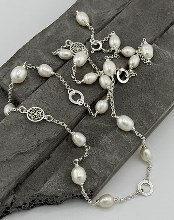 Długi srebrny naszyjnik z perłami 2w1, RayOfArt