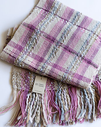 Ręcznie tkany szalik artystyczny fiolet, róż i beż, Natela Weawes