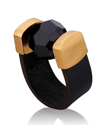 Pierścionek Black Crystal Leather Ring in Gold, OSOBY - Prezent dla Dziewczyny