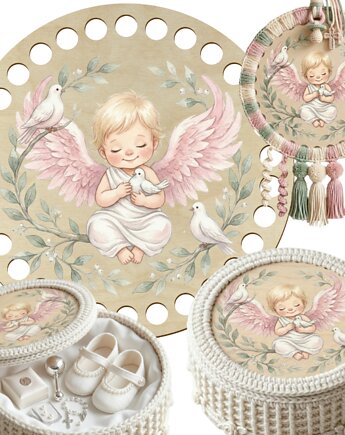 Baza Kolorowa na Chrzest Święty do Szydełkowania Koszyka Pudełka ze Sklejki, smxdsgn