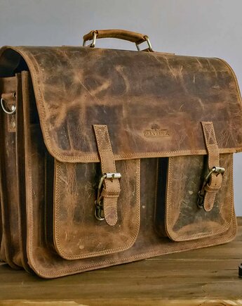 Brązowa Torba do Pracy Męska duża z kieszeniami Skóra Buffalo Vintage MB44, Belveder