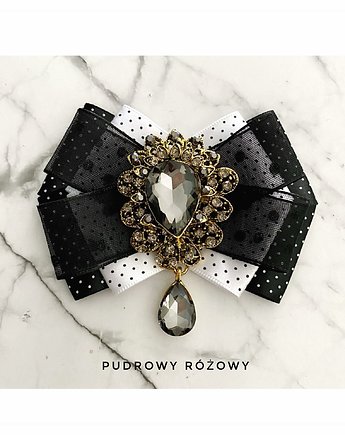 Brosza Black & White w kropeczki  z  kryształem, Pudrowy Różowy