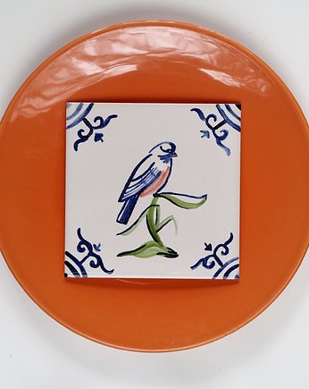 Kafelek ręcznie malowany z kolorowym ptakiem - holenderski, azulkafelki
