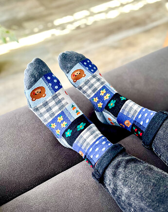 Kolorowe Skarpetki w kwiaty z króliczkiem - patchwork, CandySox