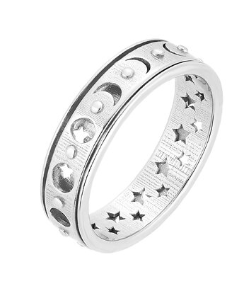 Srebrna obrotowa obrączka z fazami księżyca i gwiazdami, SOTHO