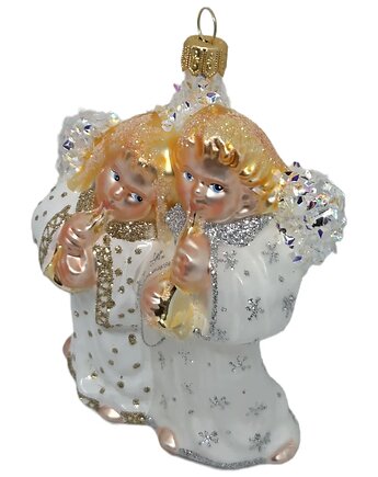 Ręcznie malowana bombka szklana białe aniołki z fletami zdobione brokatem, STARGLASS