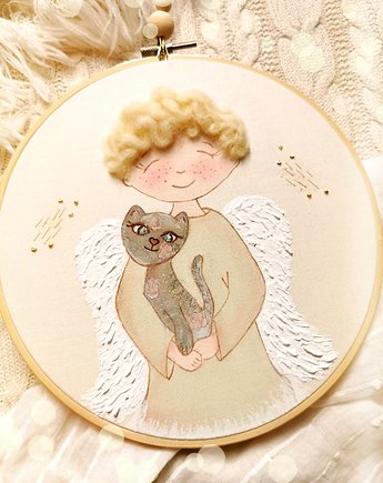 Aniołek z kotem, ręcznie malowany obrazek na pamiątkę dla dziecka, gingerolla