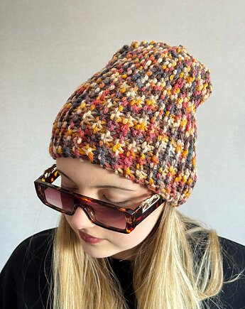 Kolorowa mała czapka beanie z wełną i alpaką, Zasznurowane