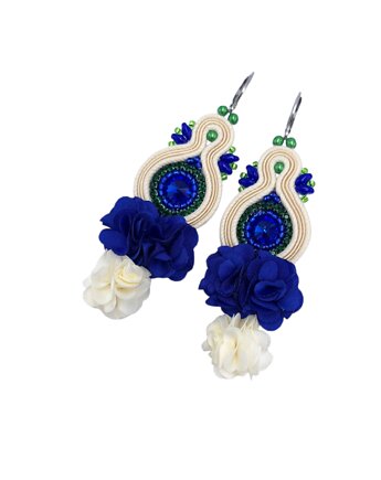Kolczyki sutasz boho z kwiatami kremowo chabrowe eleganckie Arcadia, Katrina Rossa