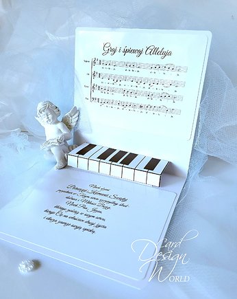 Kartka muzyczna na Komunię dziewczynki, pamiątka  z motywem fortepianu, Card Design World