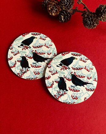 Podkładki pod kubek- Kosy w jarzębinie- Ilustracja- Black birds, BOSKE