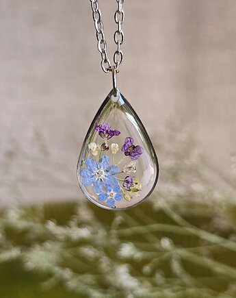 Wieczne kwiaty srebrny wisiorek prawdziwe kwiaty naszyjnik niezapominajki, zkwiatem