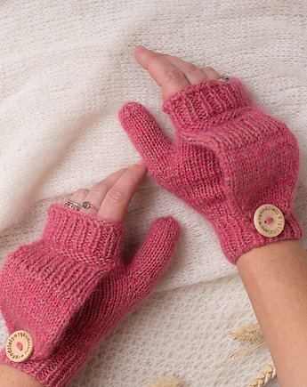 Moherowe rękawiczki z klapką różowe, eddfupanda