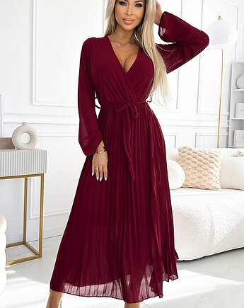 537-1 Plisowana  sukienka z dekoltem i długim rękawkiem - bordowa, NUMOCO