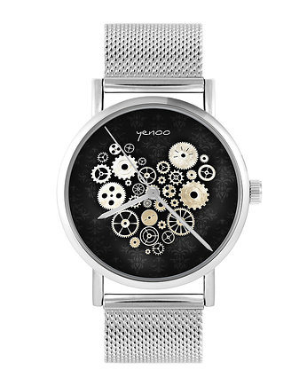 Zegarek - Steampunk czarny - bransoleta mesh, OKAZJE - Prezenty na 18 dla chłopaka