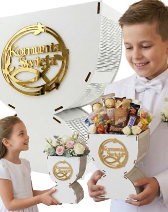 Kielich BOX Pudełko na Słodycze Kwiaty BIAŁA Złota Plexi Prezent na Komunię, smxdsgn