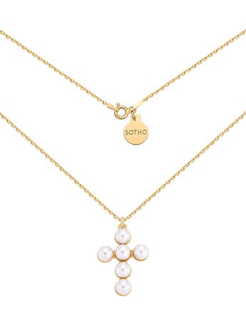 Złoty naszyjnik z krzyżem zdobionym perłami, SOTHO