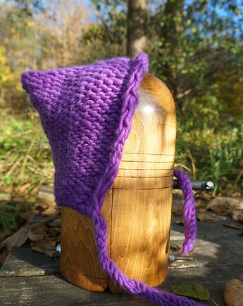 Fioletowy kaptur z ręcznie przędzionej wełny, ciepła wełniana czapka, Strojownia
