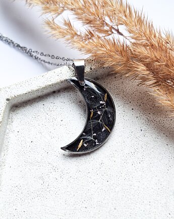 Wisiorek z żywicy księżyc z nasionami dmuchawca, Kwiat Paproci