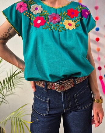 Bluzka ręcznie haftowana Bordado Turkusowa kwiaty ONE SIZE, SempreArte