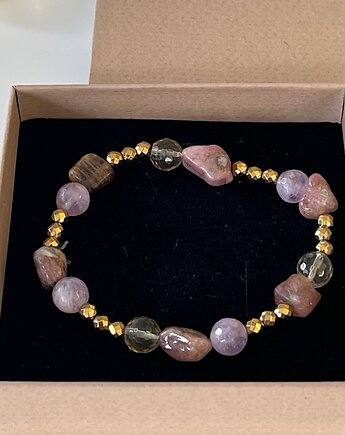 BRANSOLETKA - AMULET - turmaliny,kwarc dymny, ametyst, złote kulki hematytu, Ade Art