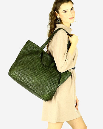 Torba damska pleciona shopper & shoulder leather bag -  zielony, Marco Mazzini